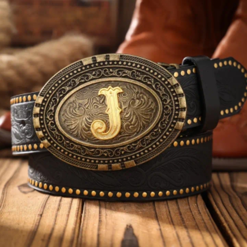 Western Tooled Belt w/ Gold Monogram Buckle | Cowboy Several Letters Available - Picture 10 of 16